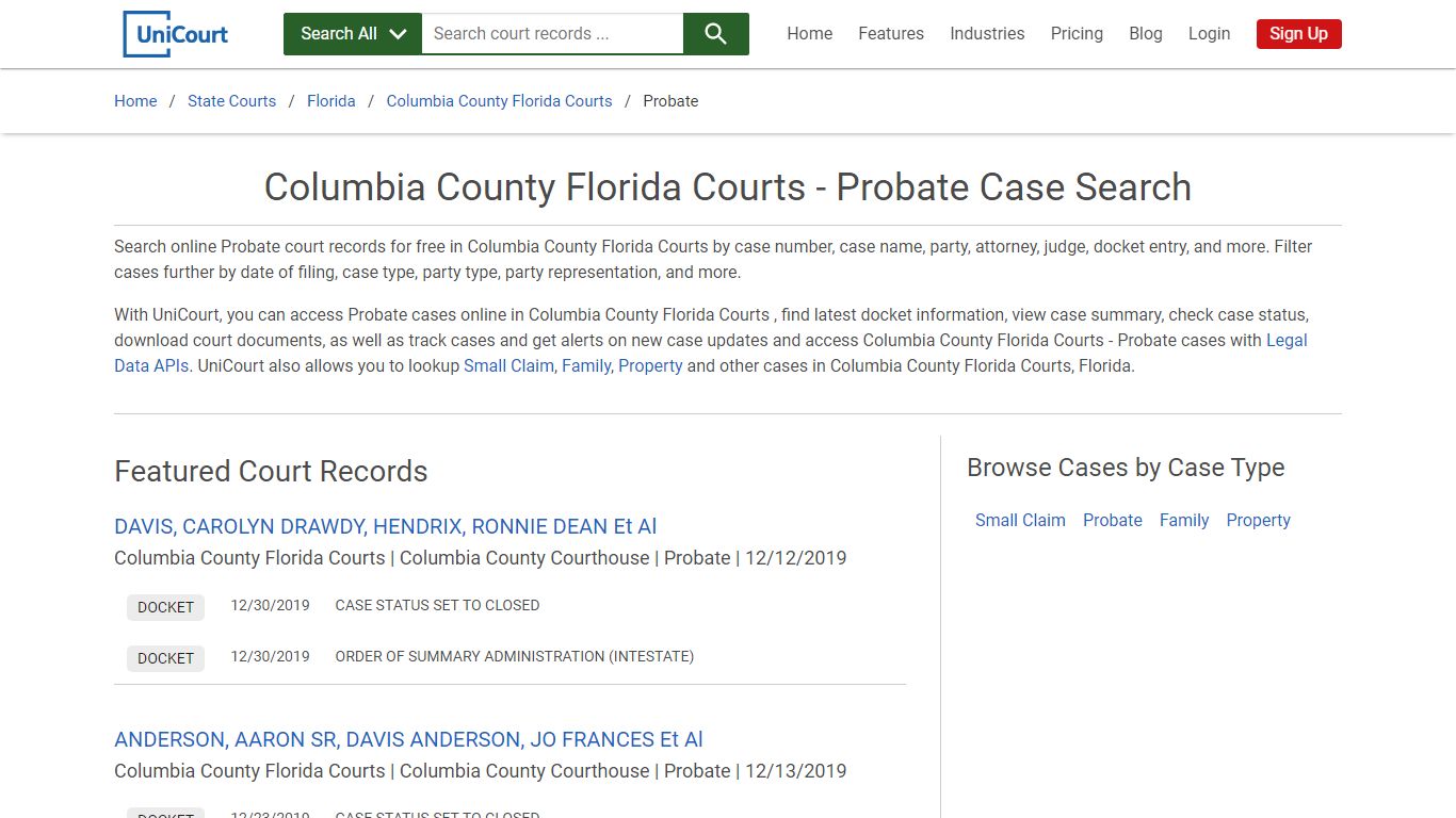 Columbia County Florida Courts - Probate Case Search
